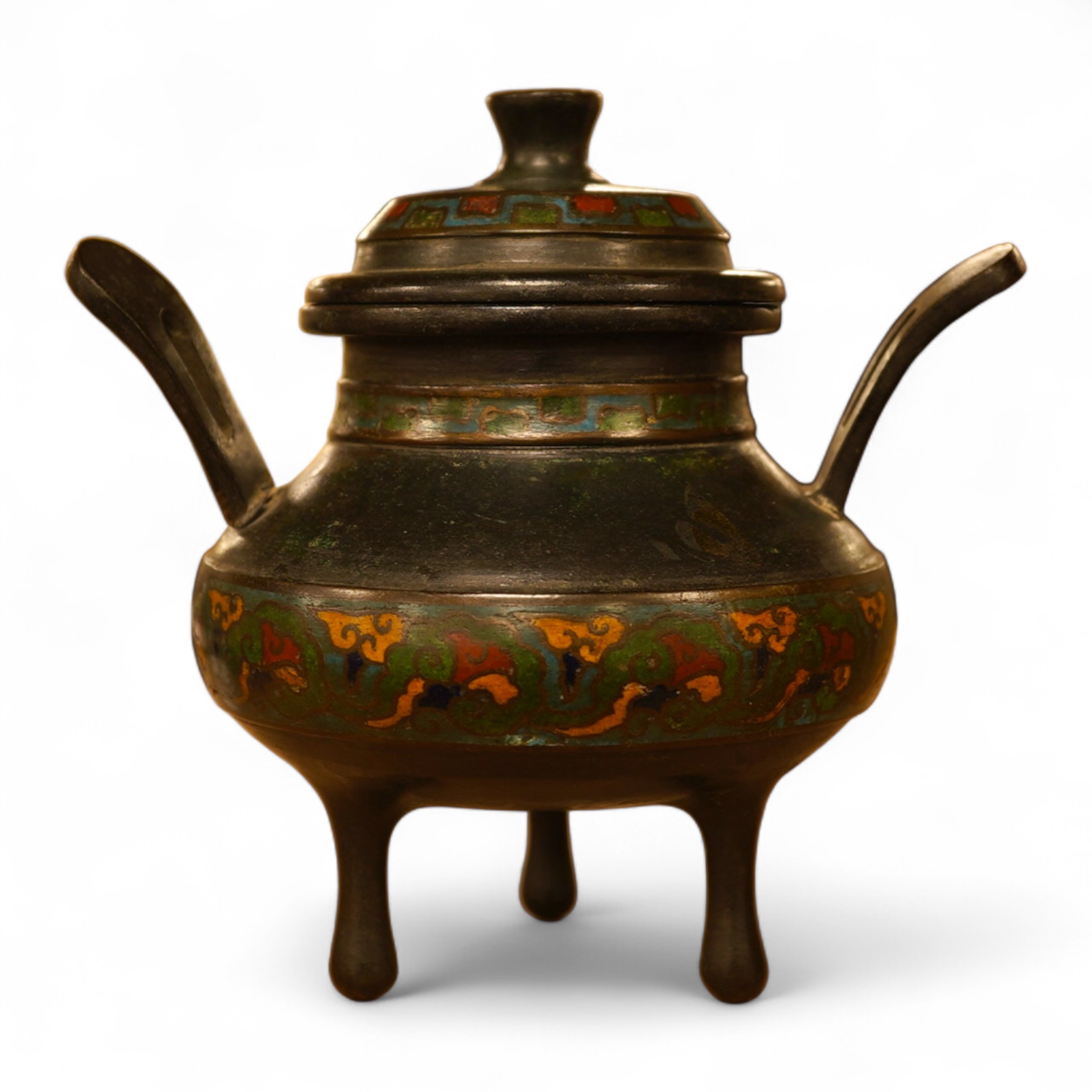 A Japanese twin handled champleve enamel koro and cover, 15cm high